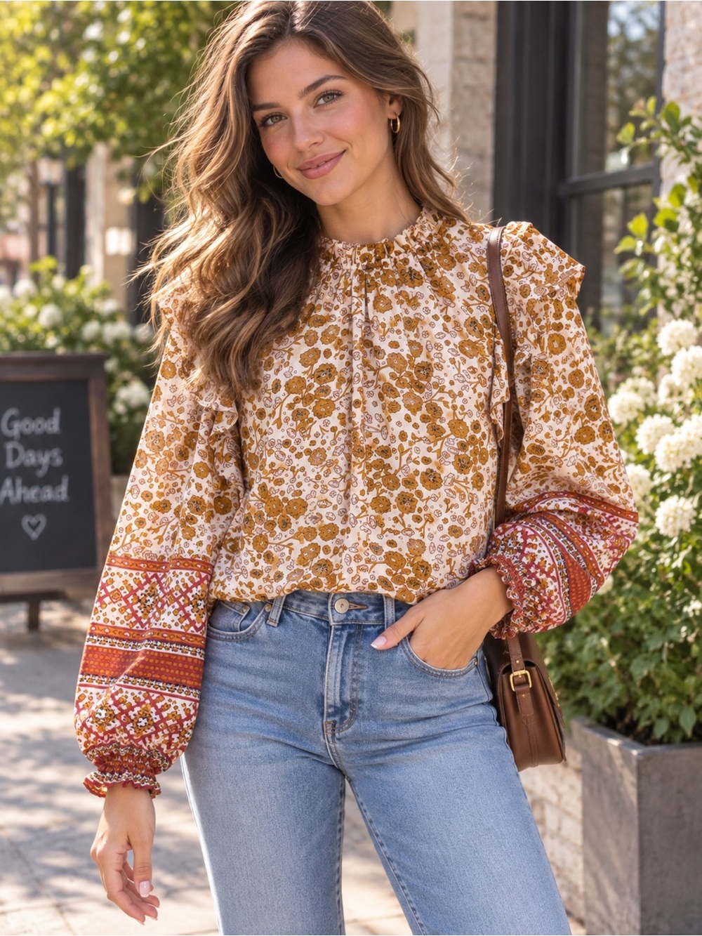 Floral Ruffle Tie-Neck Blouse in Cream & Rust